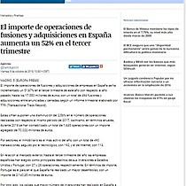 El importe de operaciones de fusiones y adquisiciones en Espaa aumenta un 52% en el tercer trimestre